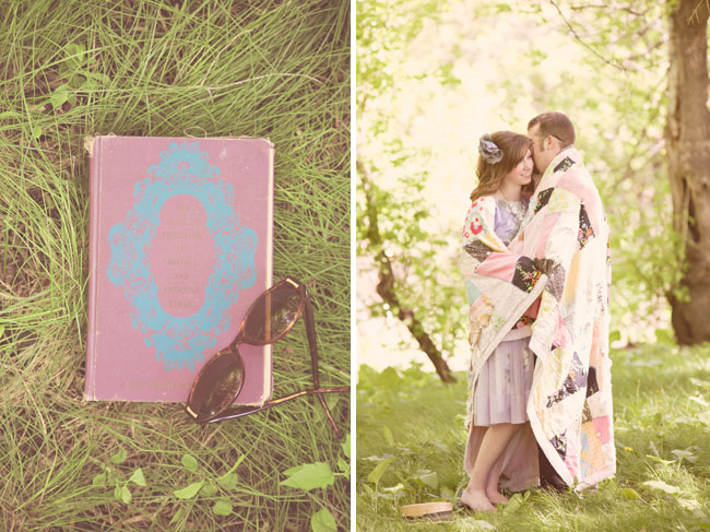 engagement photo with blanket and vintage books