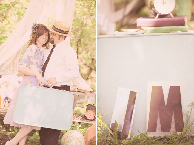 engagement photos with vintage suitcase