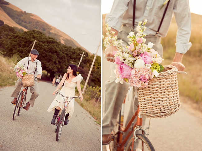 bride and groom on bikes wedding day
