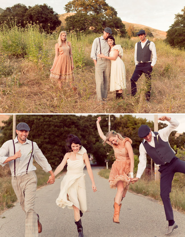 bridal party vintage attire in the fields