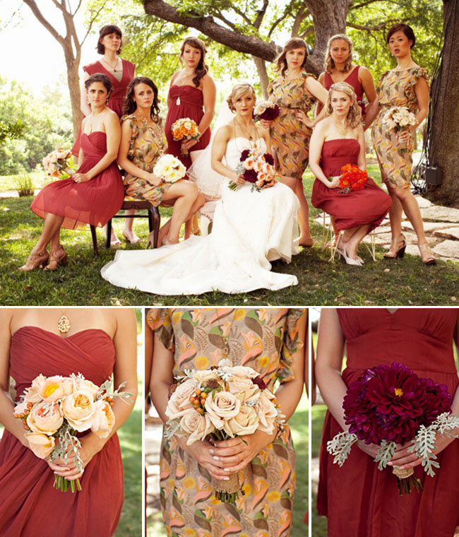 bridesmaids in shades of red
