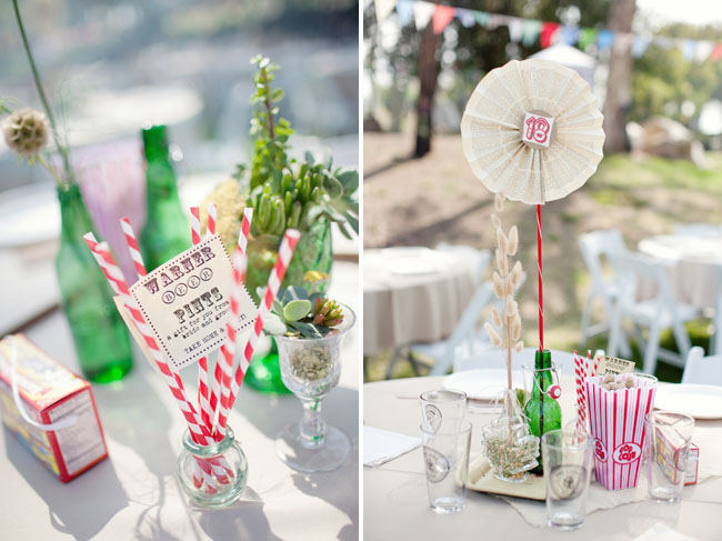 red striped straws and paper fan centerpiece