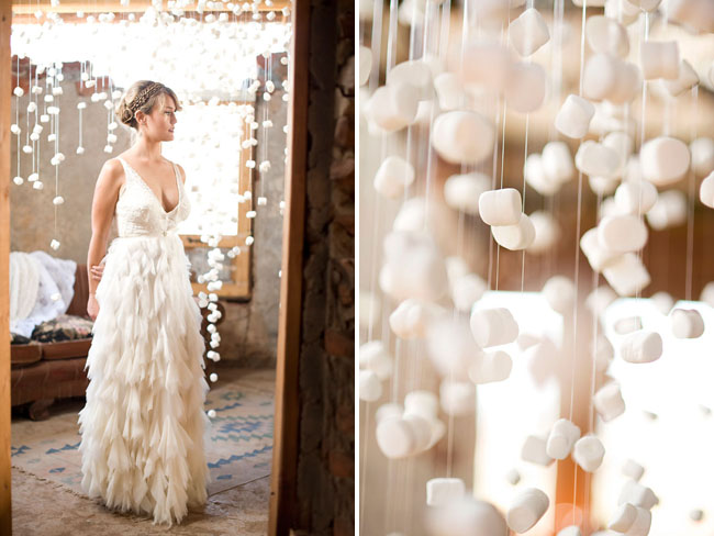 ruffled wedding dress, marshmallow installation