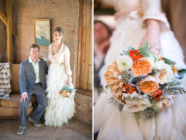ruffled wedding dress, orange bouquet