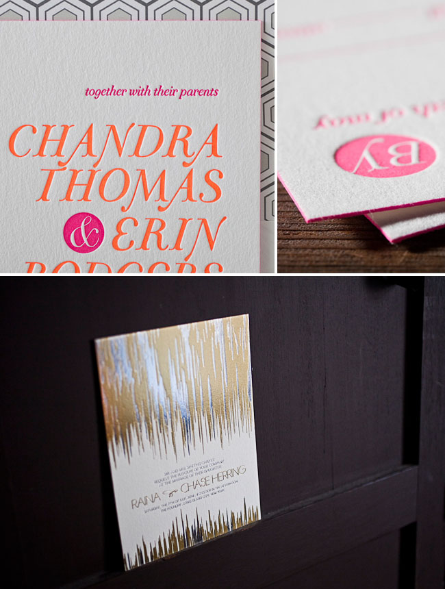 neon metallic letterpress wedding invitations