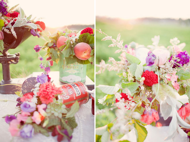 red and purple tablescape florals