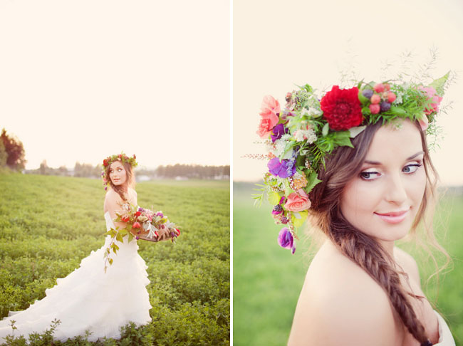 bride wearing floral wreath, fishtail braid