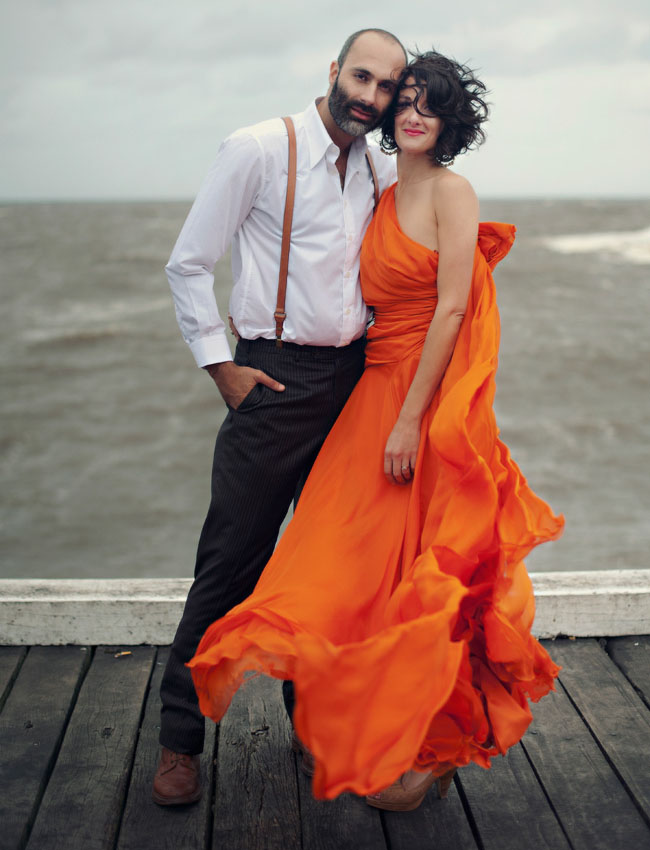 orange wedding dress ocean