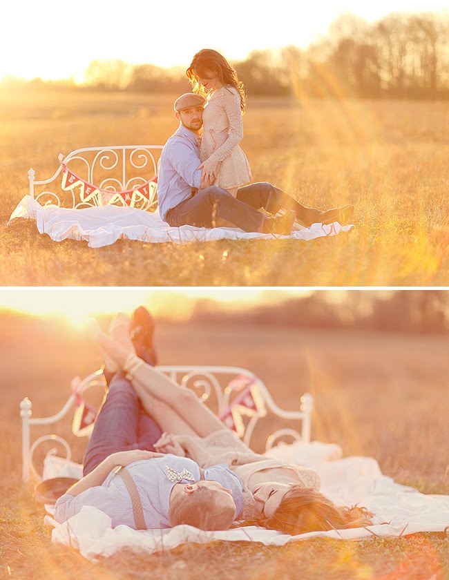 engagement photos with bed in grass