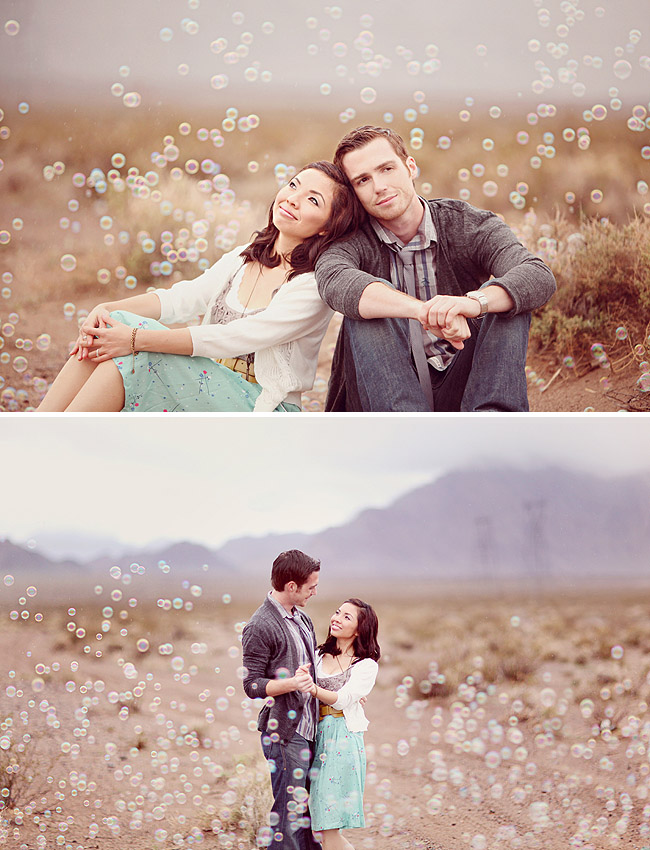 engagement photos with bubbles