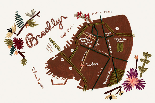 hand sewn map of brooklyn wedding invite