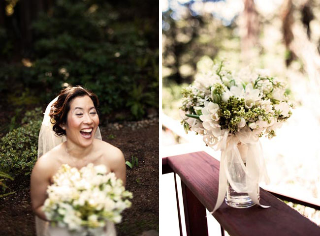 bride with green and white bouquet