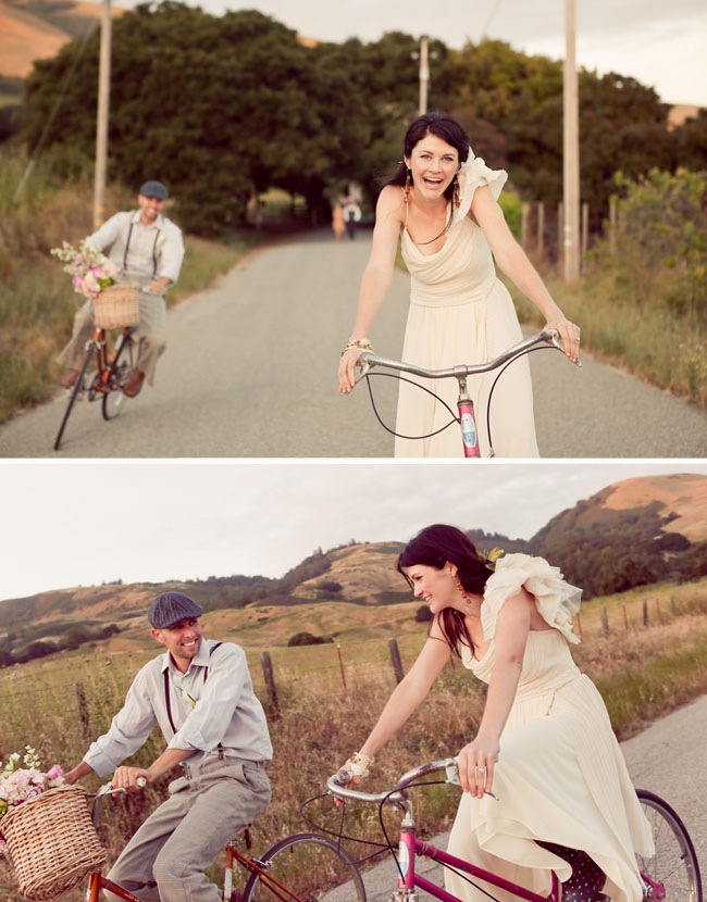 bride and groom on bikes