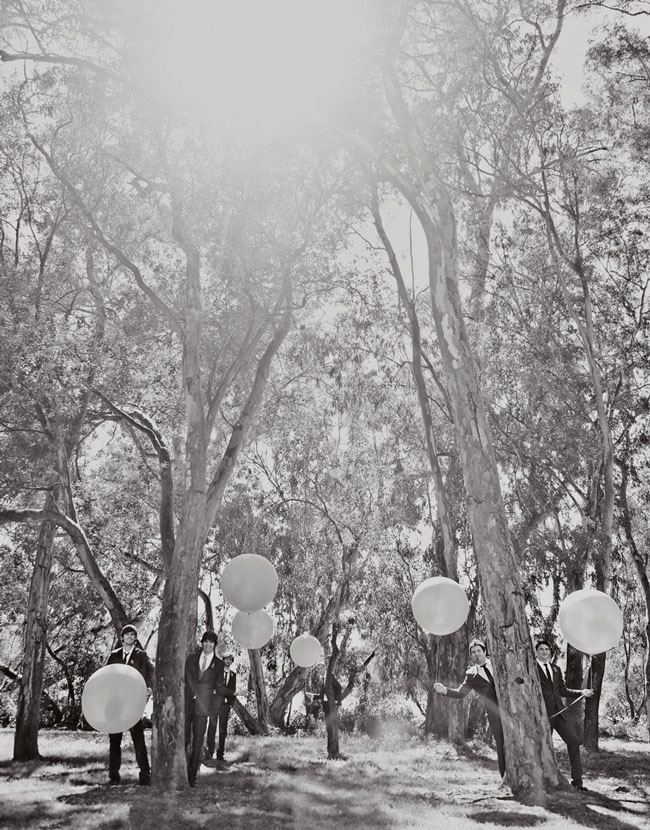 bridal party with giant balloons