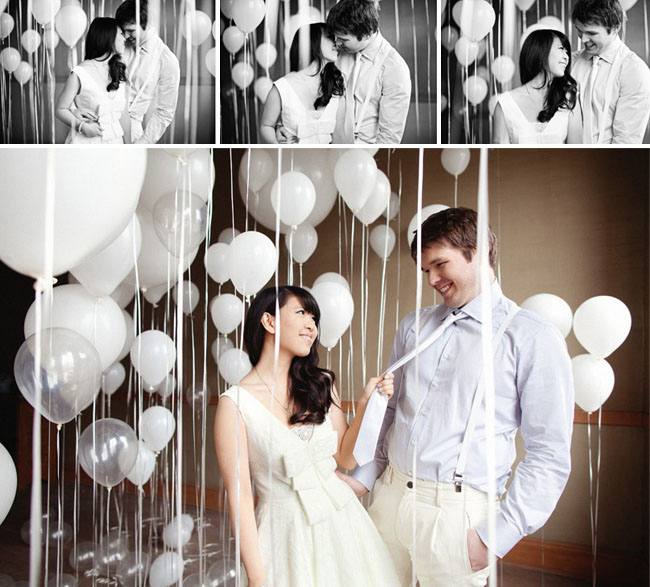 engagement photos with lots of white balloons