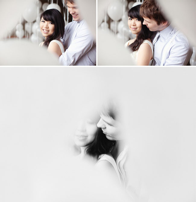 engagement photos with lots of white balloons