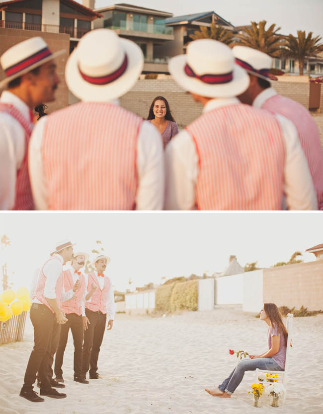 proposal with barbershop quartet on the beach