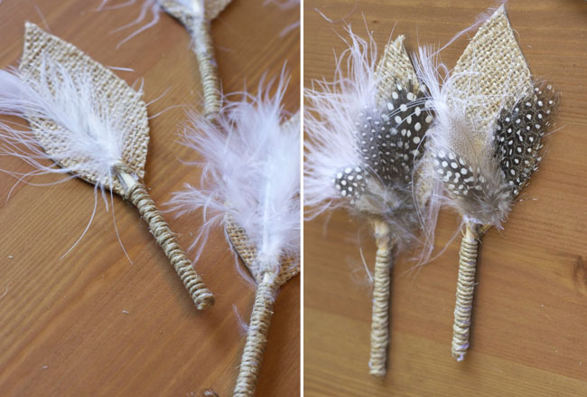 diy burlap boutonniere with feathers