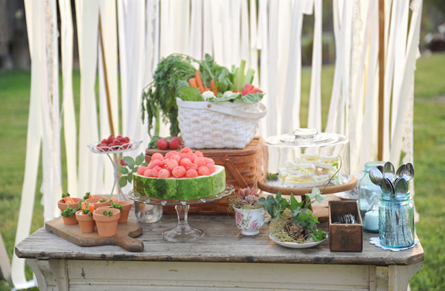 garden inspired table with watermelon cake