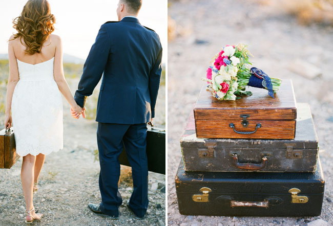 bride and groom suitcases
