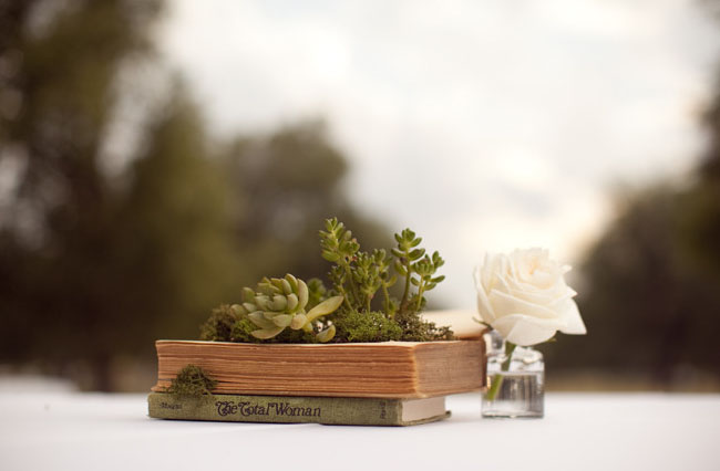 DIY book planter with succulents and fabric flowers