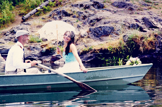 bride and groom in boat