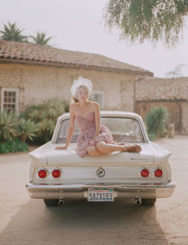 bride on old car