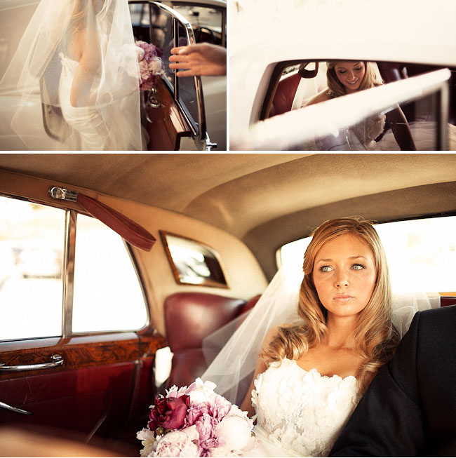bride and groom in old car