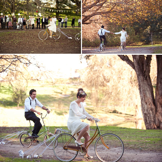 bride and groom on bicycles 