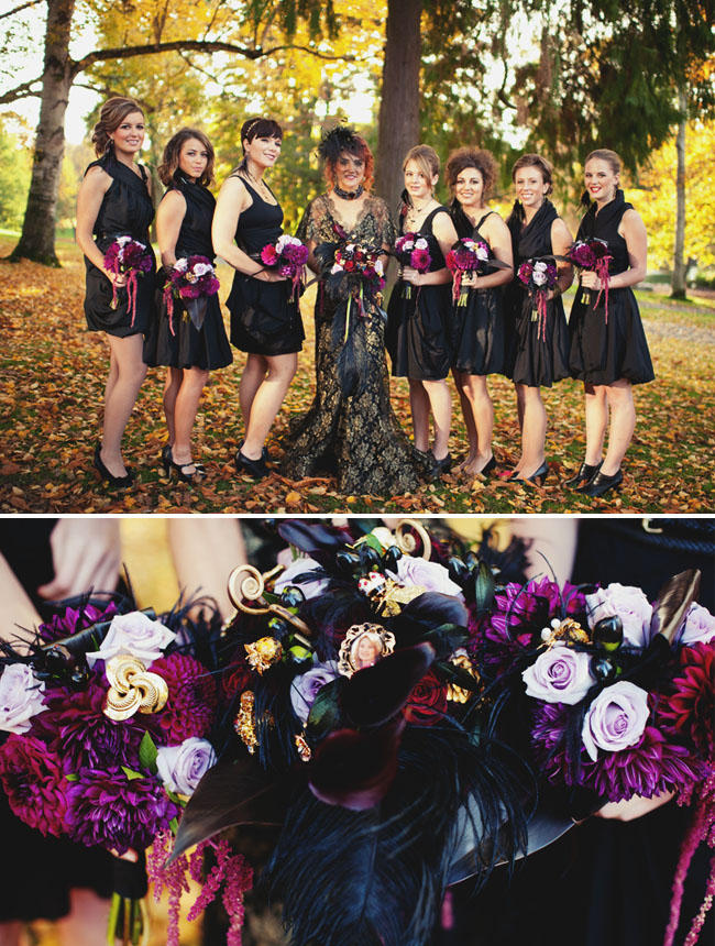 bridesmaids in black dresses with purple flowers