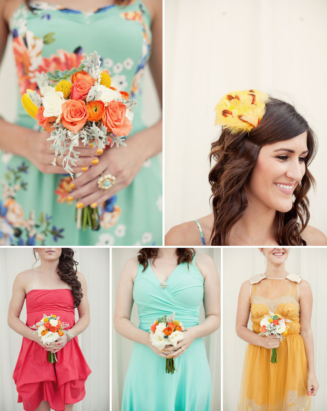 bridesmaids in peach, blue and yellow