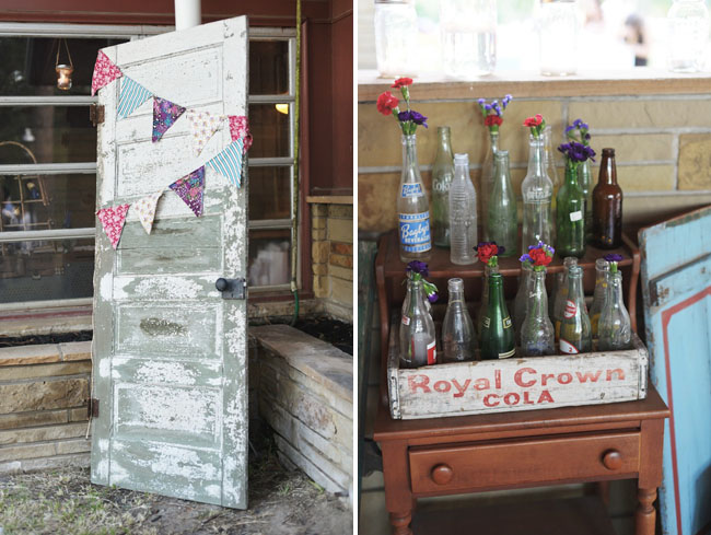old soda bottles with flowers, pennant banner