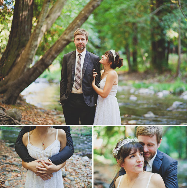 bride and groom in woods