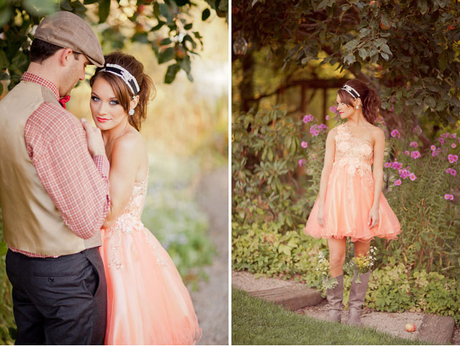 peach dress, flowers in boots