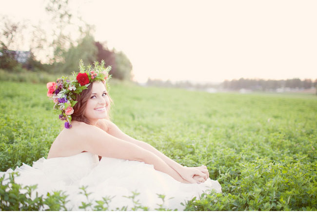 bride wearing floral wreath