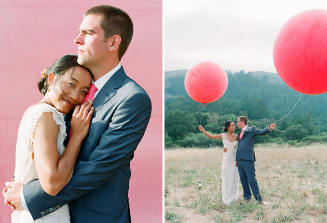 bride and groom, giant red balloons