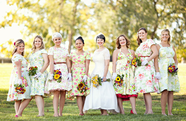 bridesmaids in pattern dresses