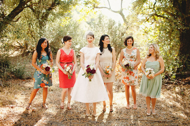 mismatched floral and solid bridesmaids