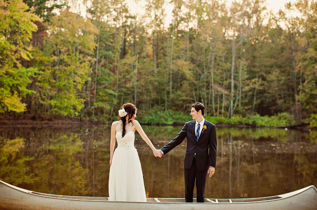 bride and groom in a canoe