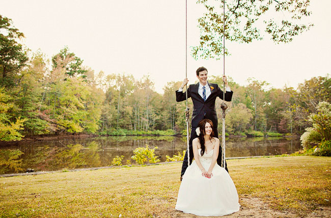 bride and groom on a swing