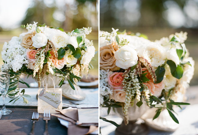 white and peach centerpieces