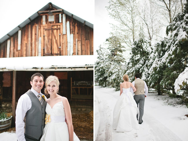 bride and groom, snow