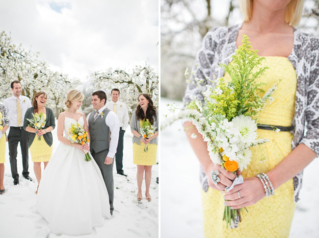 yellow bridesmaids with cardigans