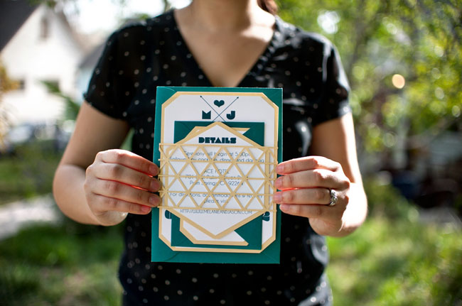 laser cut gold and teal invitations