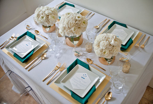 gold and teal tablecape