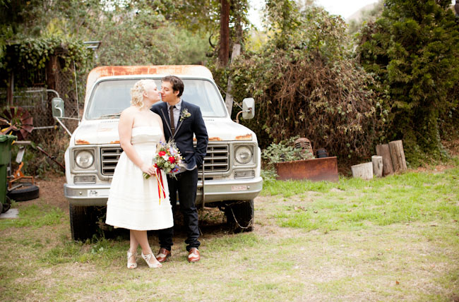 bride and groom old truck