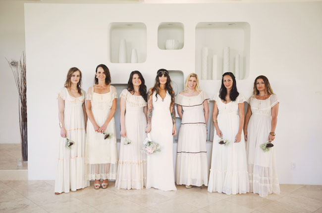 bridesmaids wearing vintage ruffle dresses
