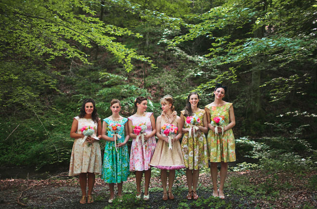 bridesmaids wearing floral dresses