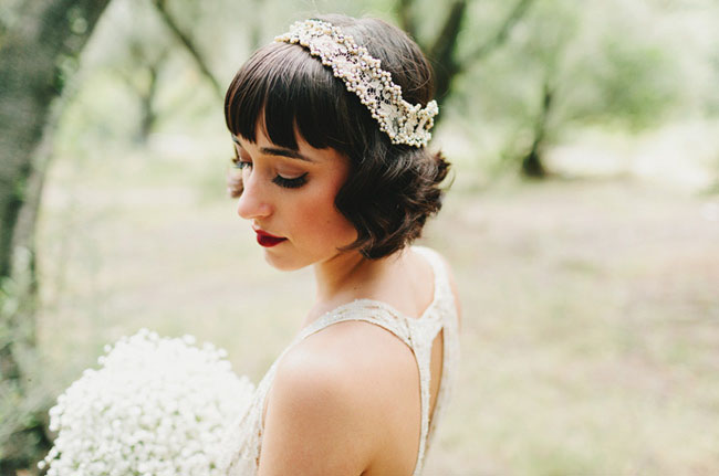 bride wearing lace headband