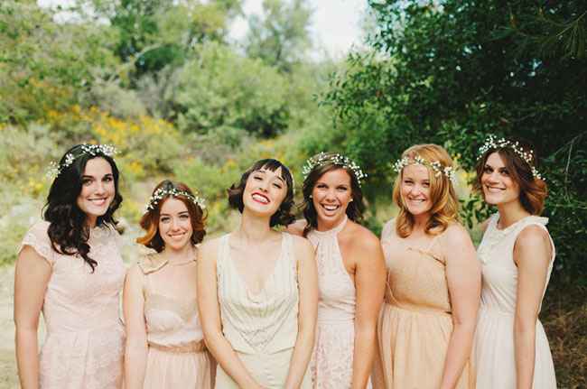 bridesmaids wearing floral crowns